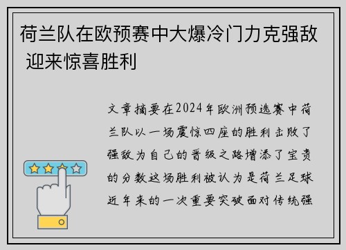 荷兰队在欧预赛中大爆冷门力克强敌 迎来惊喜胜利