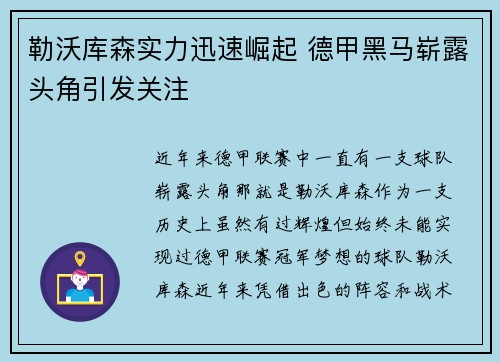 勒沃库森实力迅速崛起 德甲黑马崭露头角引发关注
