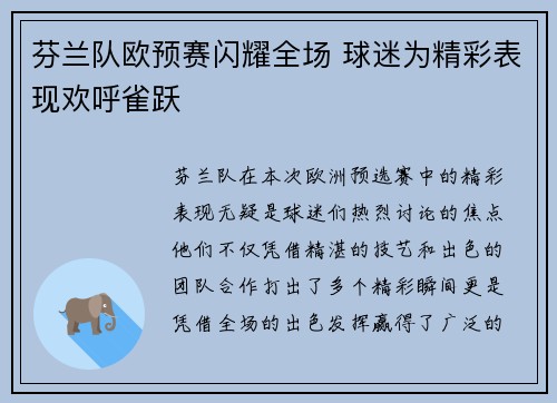 芬兰队欧预赛闪耀全场 球迷为精彩表现欢呼雀跃