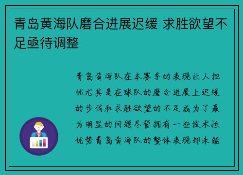 青岛黄海队磨合进展迟缓 求胜欲望不足亟待调整